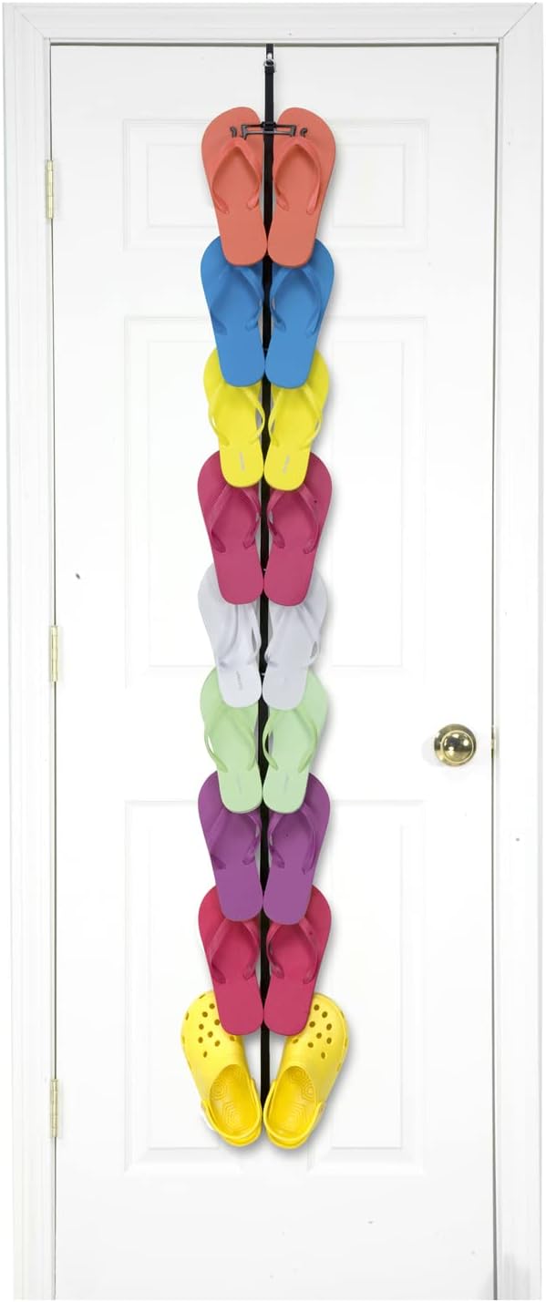 Over-The-Door Flip Flop Rack Organizer. Holds 9 Pairs. Adjustable Hooks.