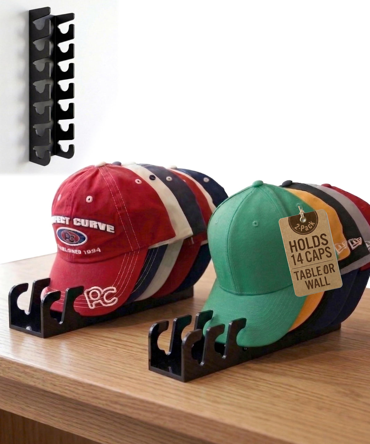 Table or Wall Hat Organizer Stand Display Rack. 7 Caps - Black 1-Pack