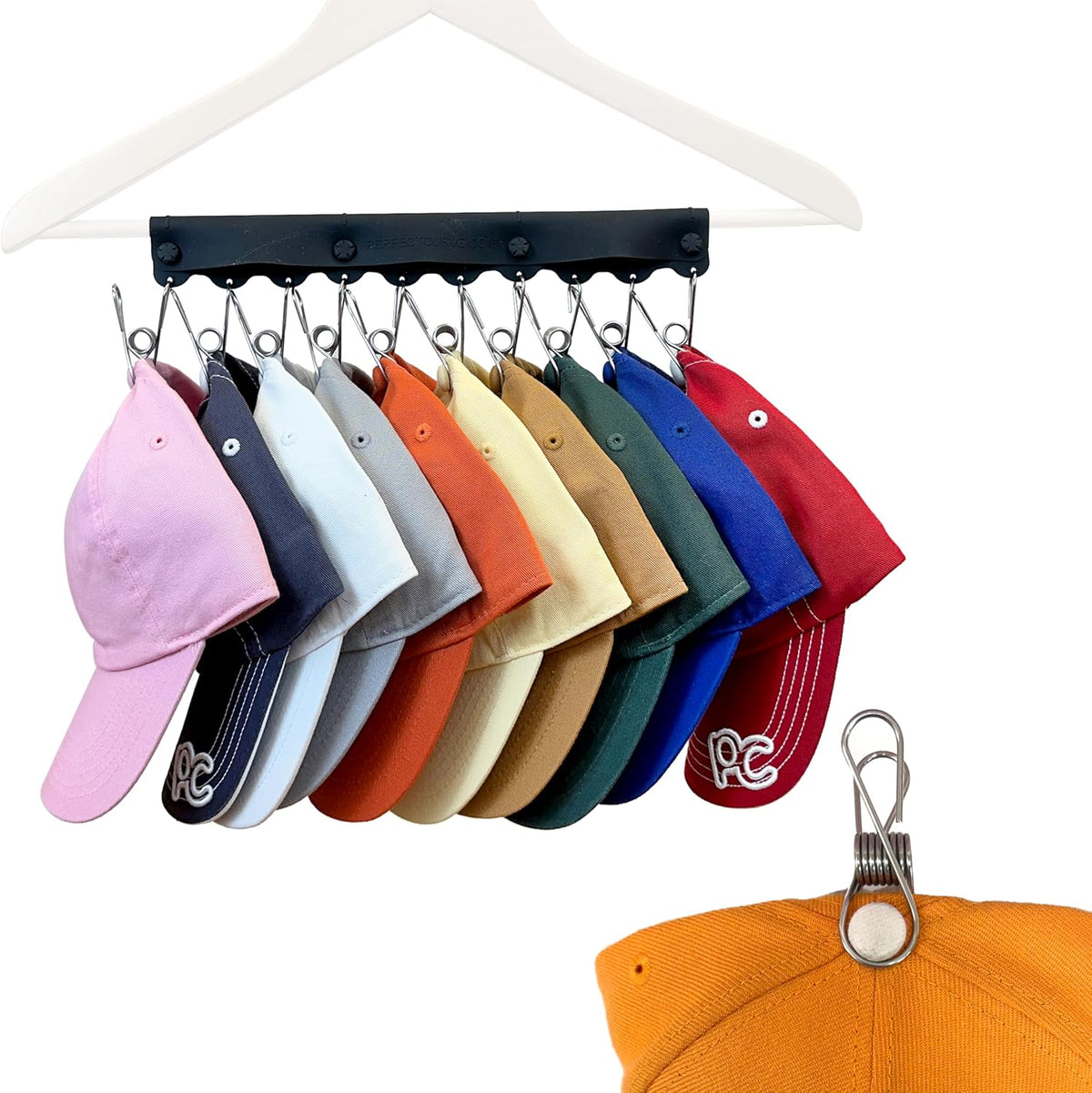 Hat Hanger For Closet. 10 Hooks Holds 10 Caps. Silicone. 1-Pack. Black