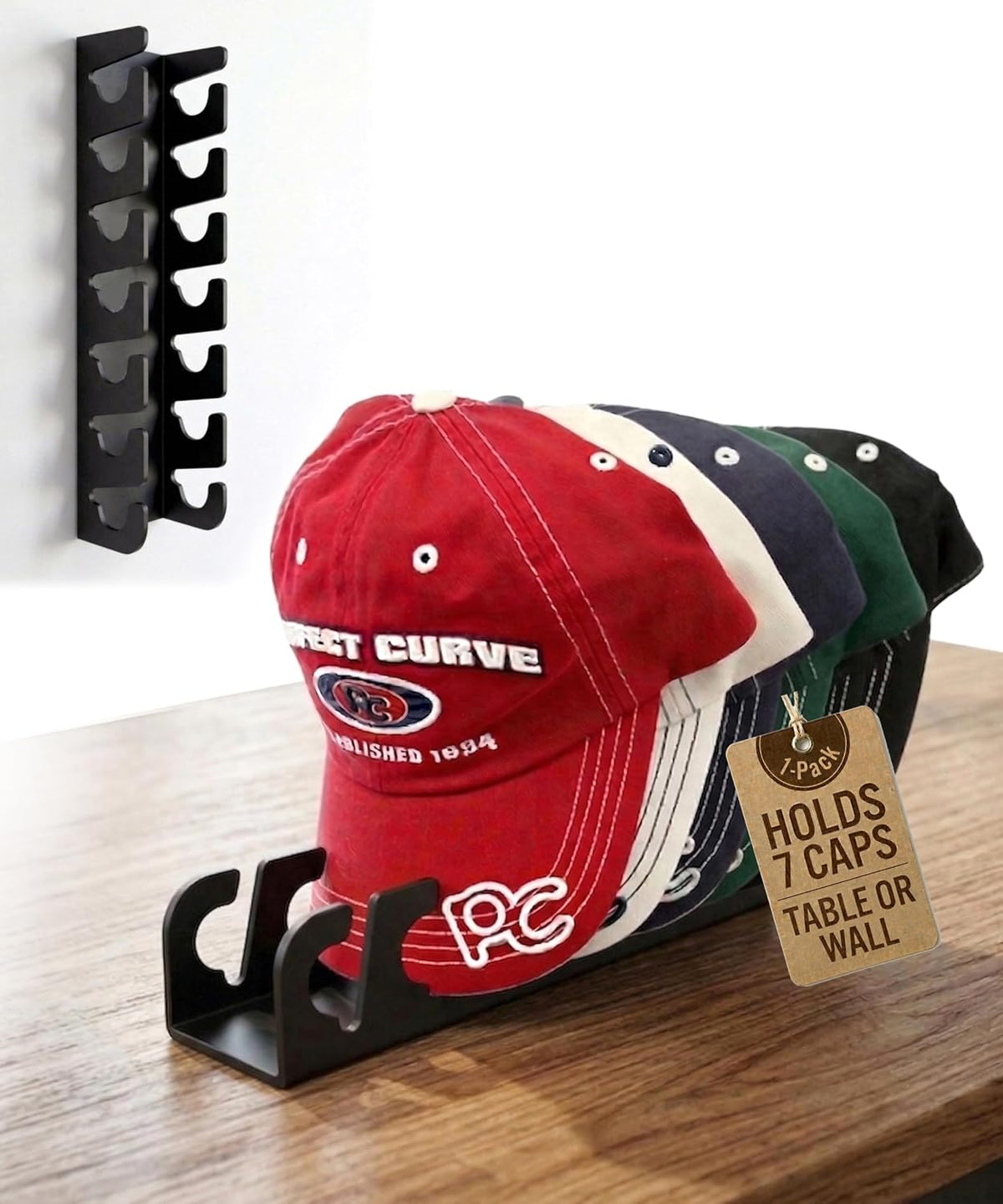 Table or Wall Hat Organizer Stand Display Rack. 7 Caps - Black 1-Pack