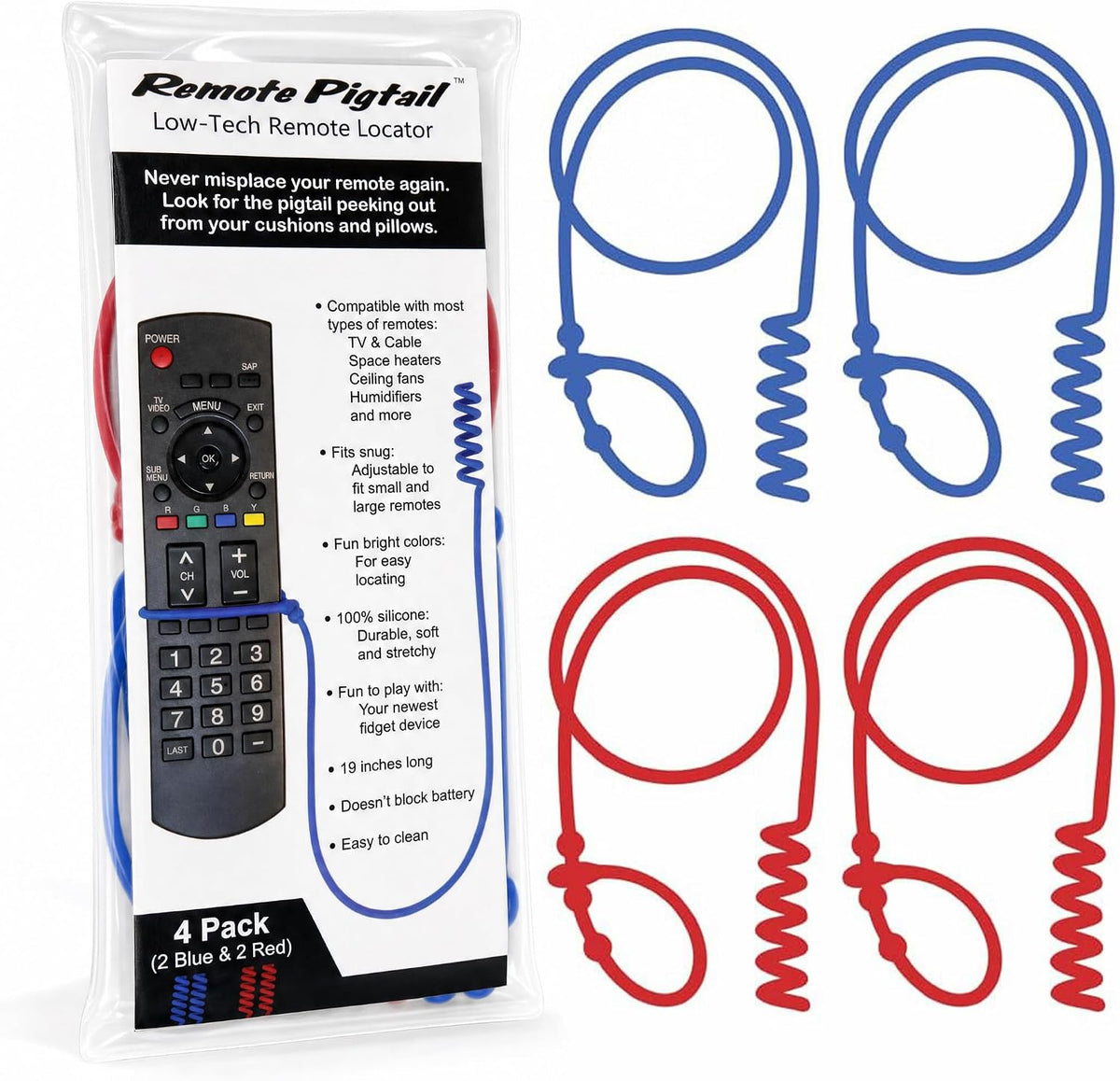 Remote Leash 4-Pack, Remote Control Tether, Adjustable 2 Blue & 2 Red