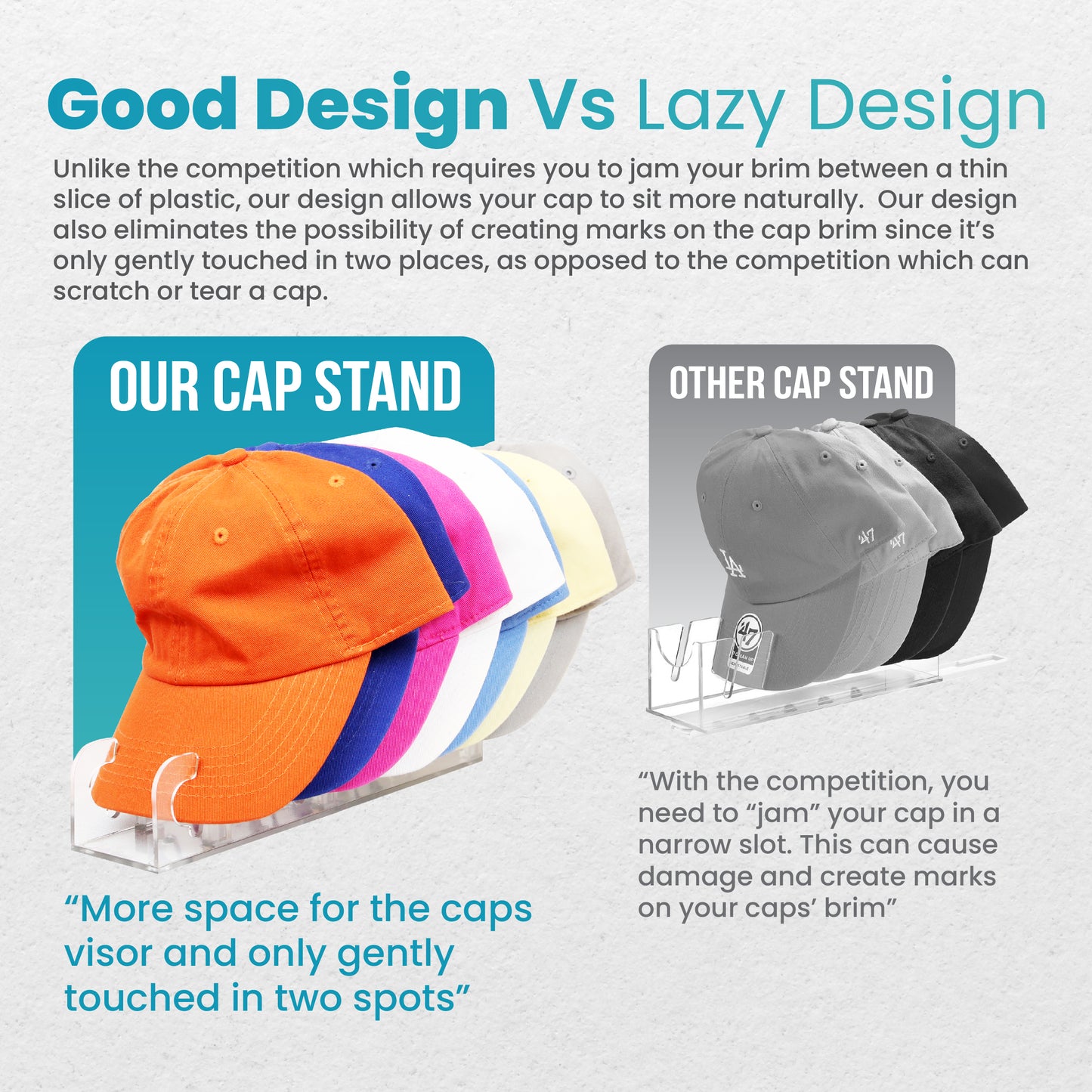 Cap Rack Stand - Store and organize 7 to 14 caps on a table/shelf or on the wall.