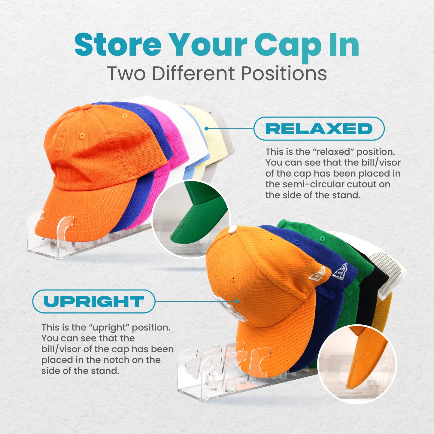 Cap Rack Stand - Store and organize 7 to 14 caps on a table/shelf or on the wall.
