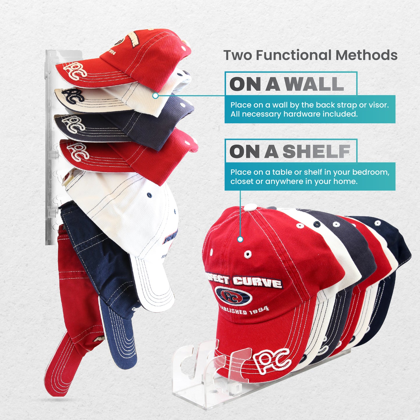 Cap Rack Stand - Store and organize 7 to 14 caps on a table/shelf or on the wall.