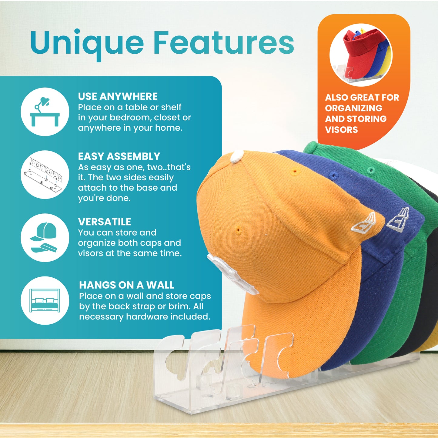 Cap Rack Stand - Store and organize 7 to 14 caps on a table/shelf or on the wall.