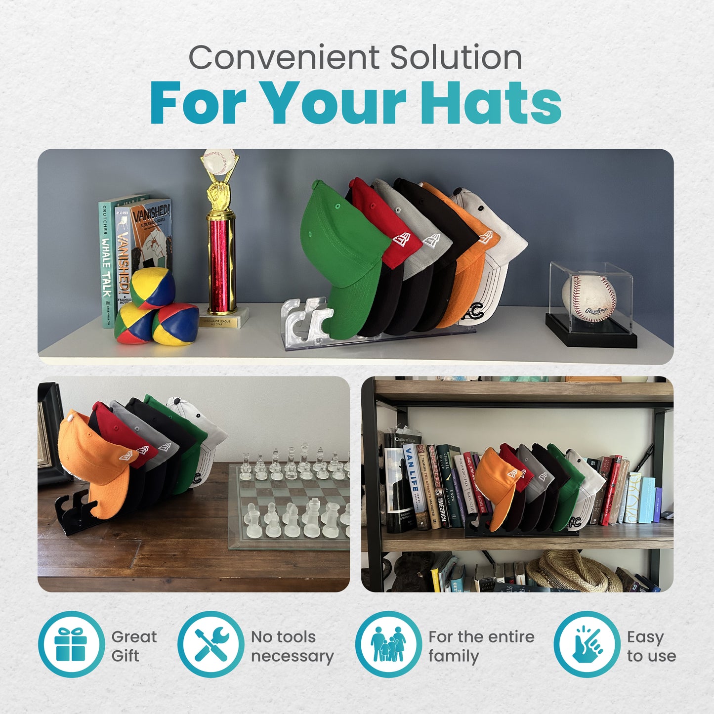 Cap Rack Stand - Store and organize 7 to 14 caps on a table/shelf or on the wall.