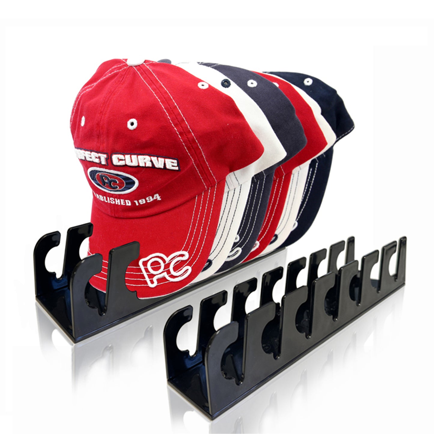 Cap Rack Stand - Store and organize 7 to 14 caps on a table/shelf or on the wall.